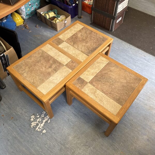 Vintage pine coffee table set with colourful tile tops.
