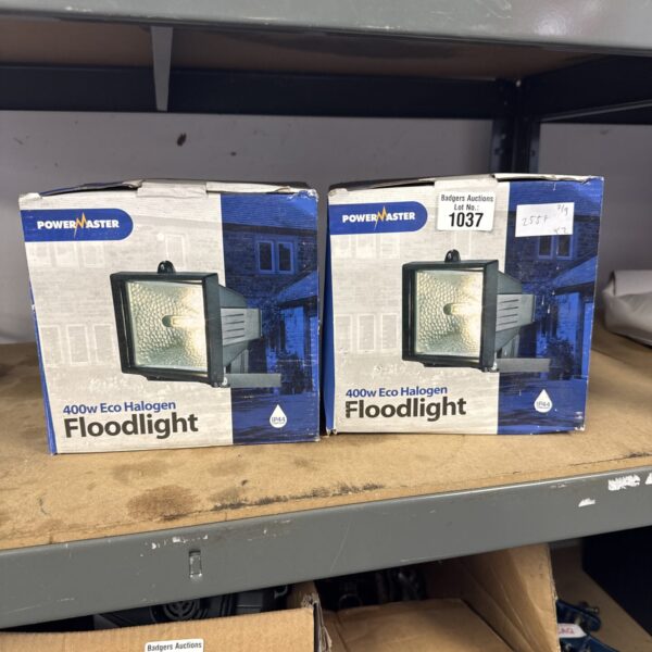 Two Powermaster 400w Eco Halogen floodlights for outdoor lighting.