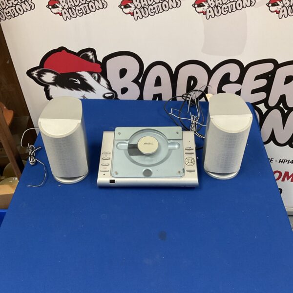 Bush micro CD stereo system with speakers, vintage portable audio.