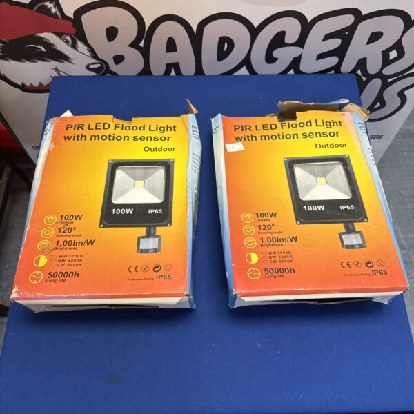 Two 100W LED security lights with motion sensors, IP65 rated for outdoor use.