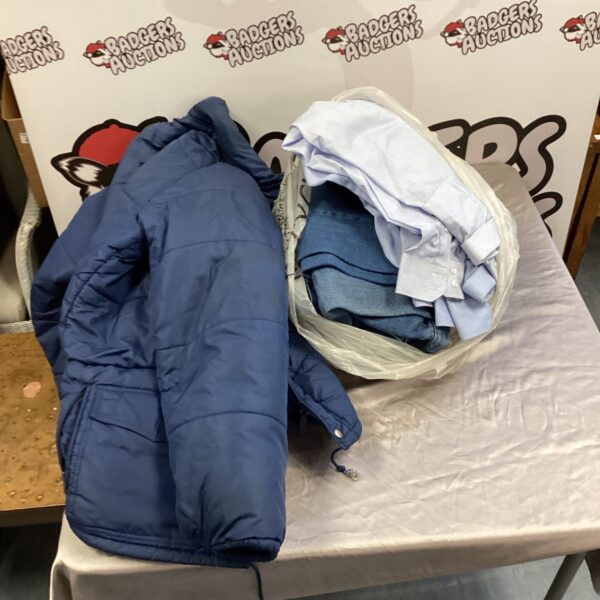 Mixed lot of men's clothing including a jacket, jeans and shirts.