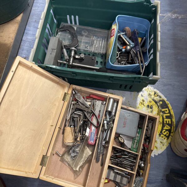 Workshop clearance lot with tap and die set and various tools.