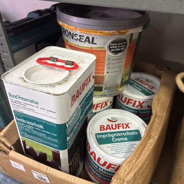 Lot of masonry sealers, wood preservative, and Ronseal fence paint for garden DIY.