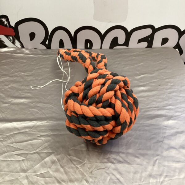 Large orange and black dog rope ball toy for active play.
