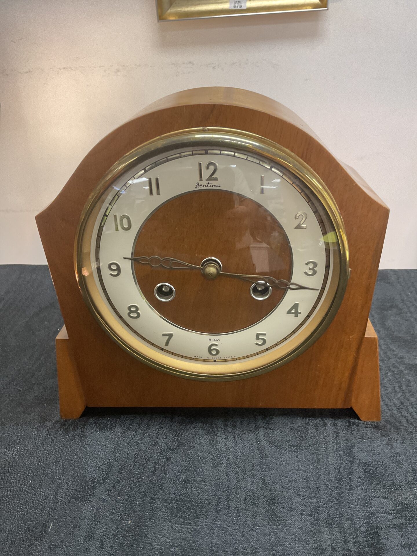 056 Bentima art deco eight day striking mantle clock made in Great Britain circa 1935 good working order with Key