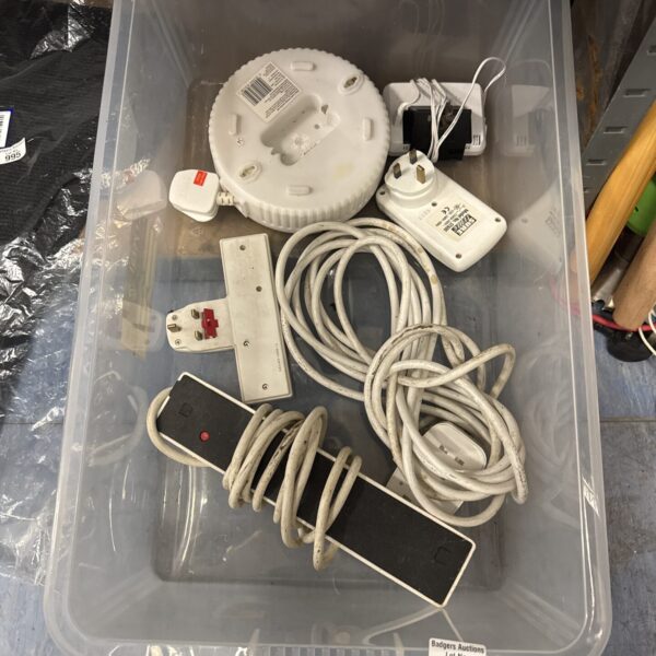 A box of extension leads, a timer and a smart meter.