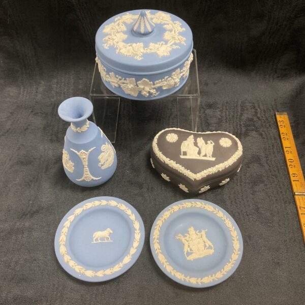 Antique Wedgwood Jasperware pot in blue and black with neoclassical design.