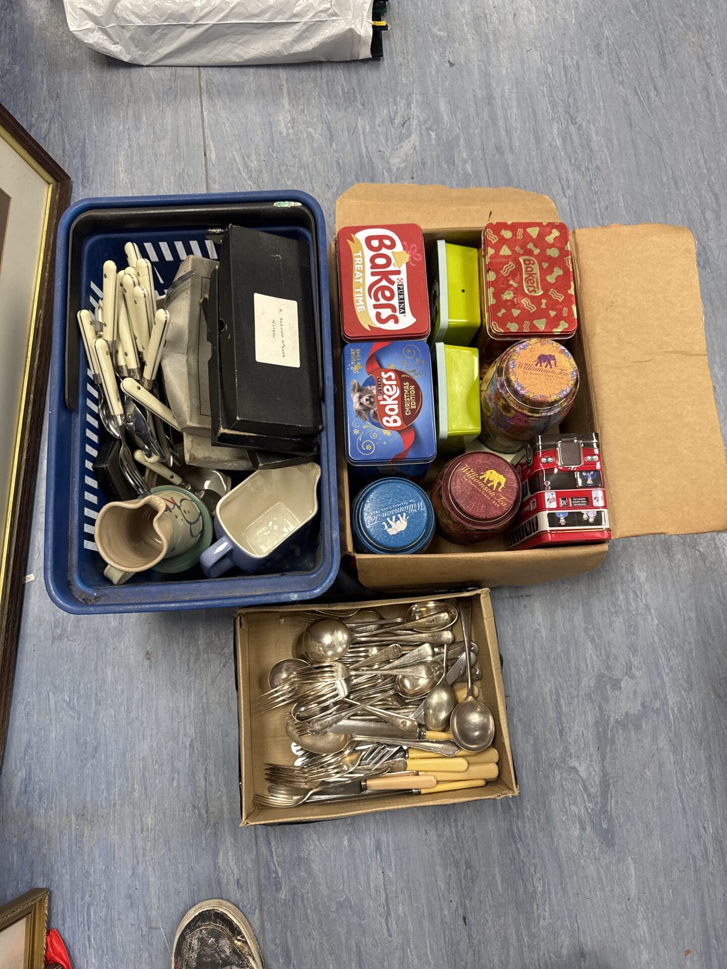 451 Three boxes of house clearance items inc vintage cutlery & storage tins
