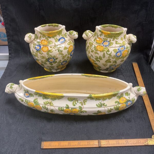 Antique Cantagalli majolica vase set with floral design.