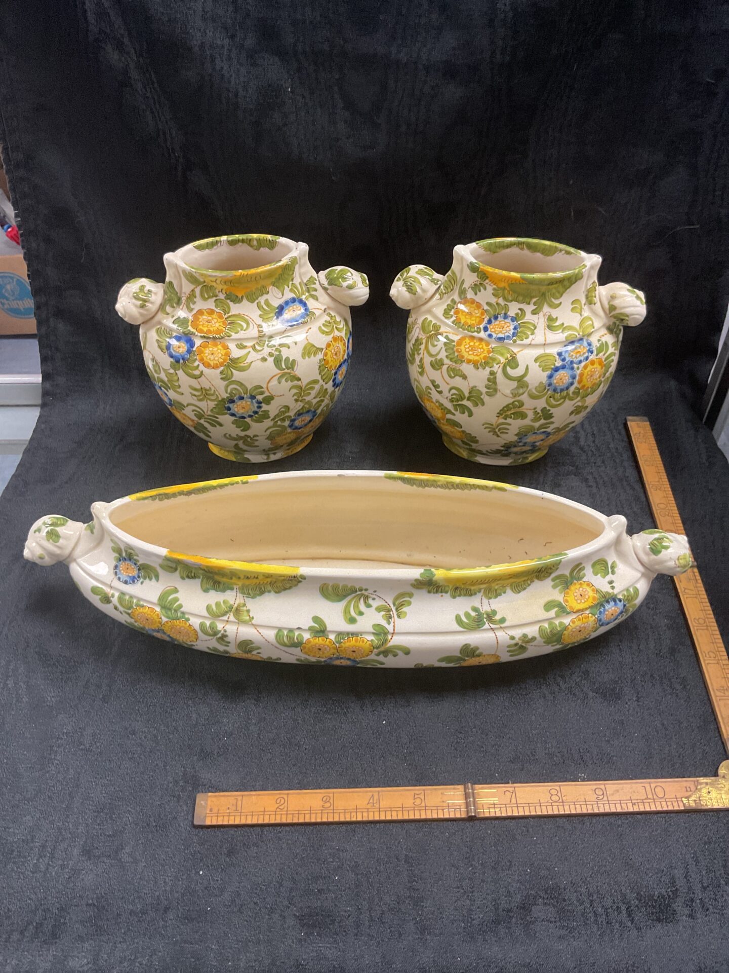 865 Two Majolica Vases and Trough Vase with snail handles in Cantagalli style Signed to base circa 1910