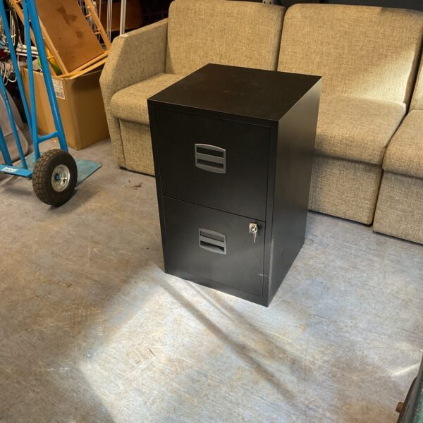 Lockable metal filing cabinet for secure document storage.