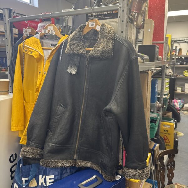 Front view of a vintage leather pilots jacket, size L.