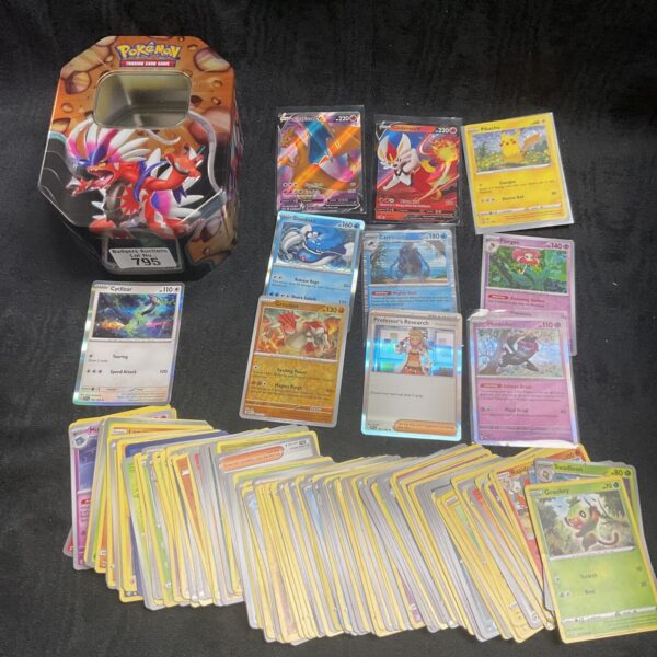 Pokemon card collection in a decorative tin for collectors.