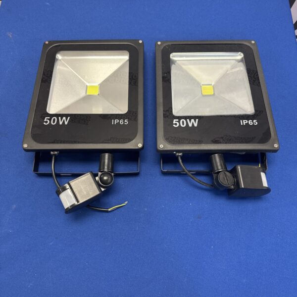 Pair of 50w LED sensor lights for outdoor security.