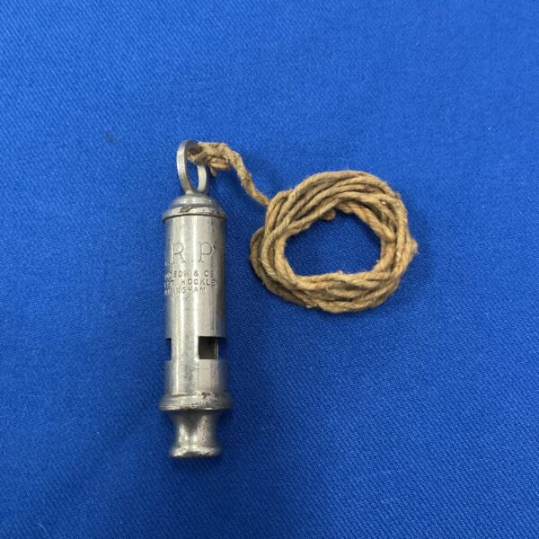 Vintage J Hudson ARP whistle with lanyard, WWII civil defence.