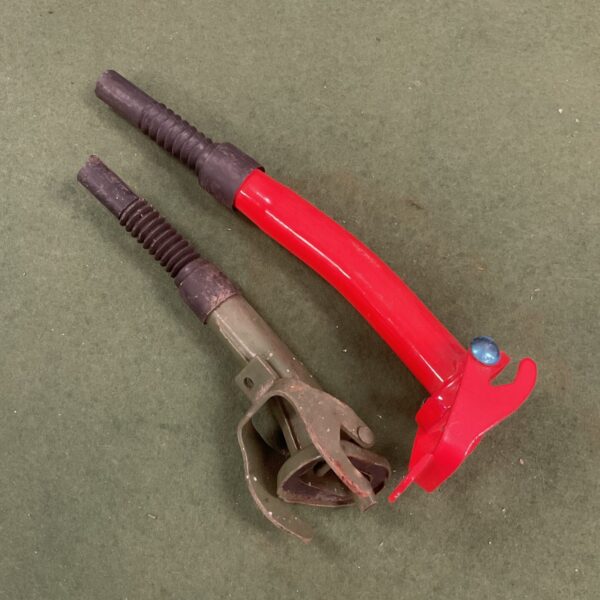Vintage Jerry Can Spout with red handle and lever action.
