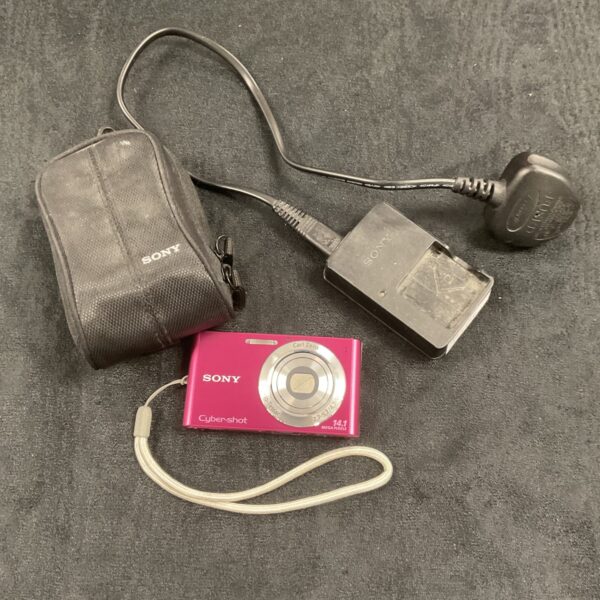 Front view of a pink Sony Cyber-shot DSC-S710 digital camera with case.