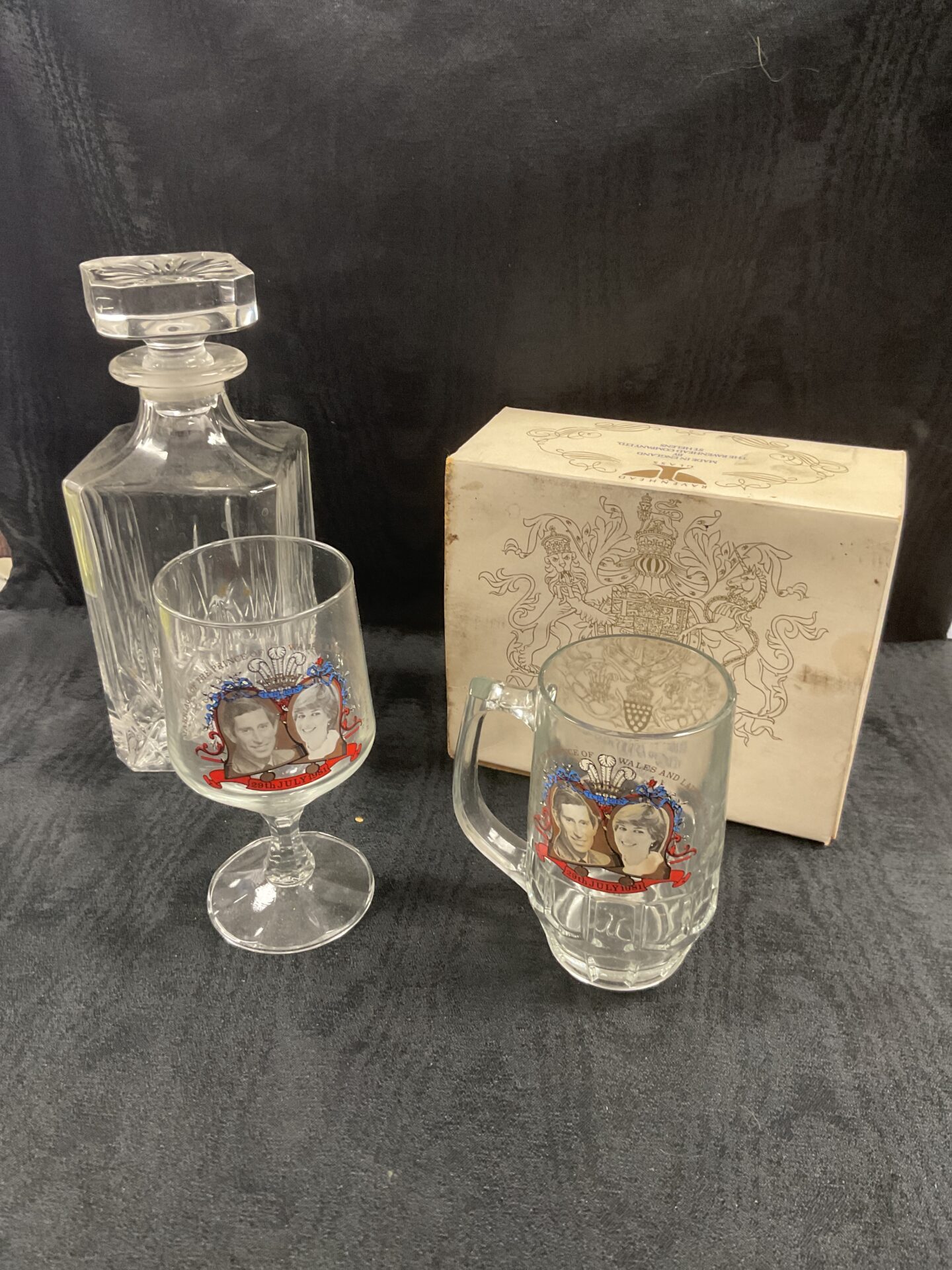 293 Charles and Diana celebration glasses his and hers and Crystal Decanter