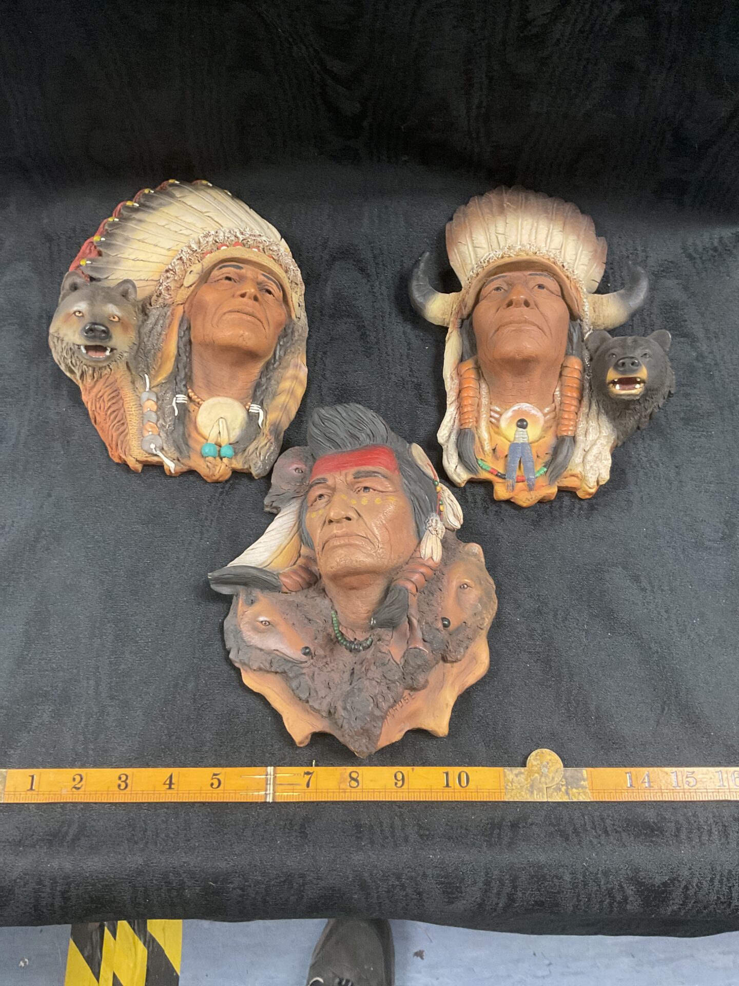 036 Three Native American Indian Wall Plaques Bear Claw, Wolf Call And Autumn Wind by Neil j Rose, made by J H Boone Usa