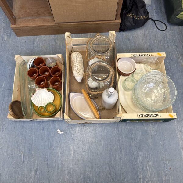 Mixed pottery and ramekins lot with studio pottery ram figurine.