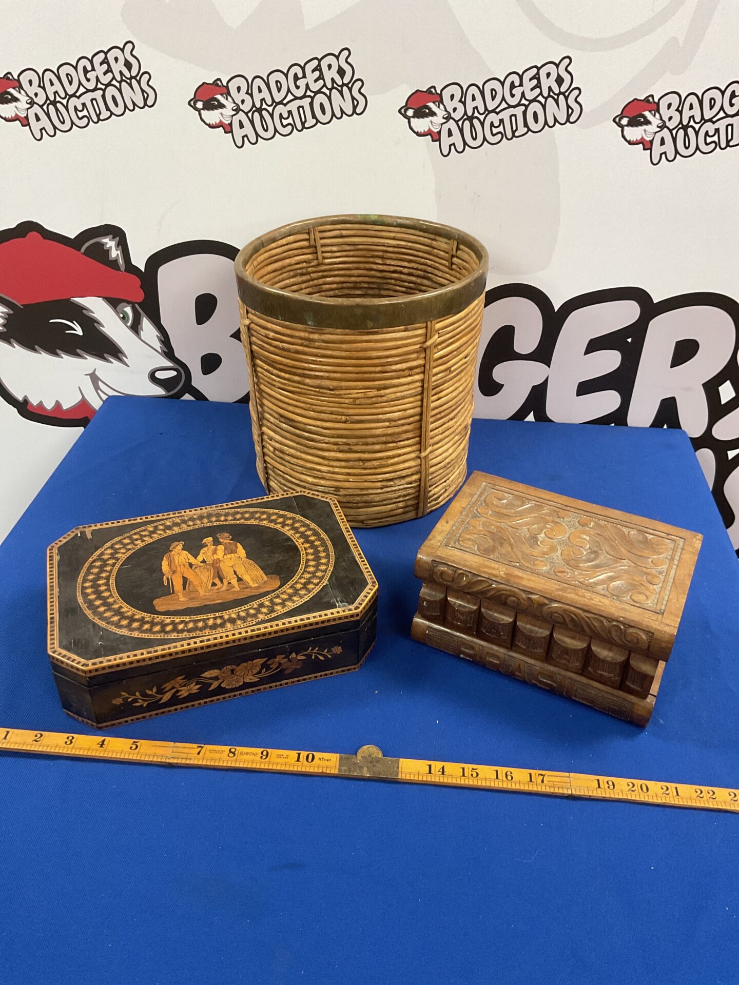 026 Copper rim bamboo bin, marquetry box and natal puzzle box