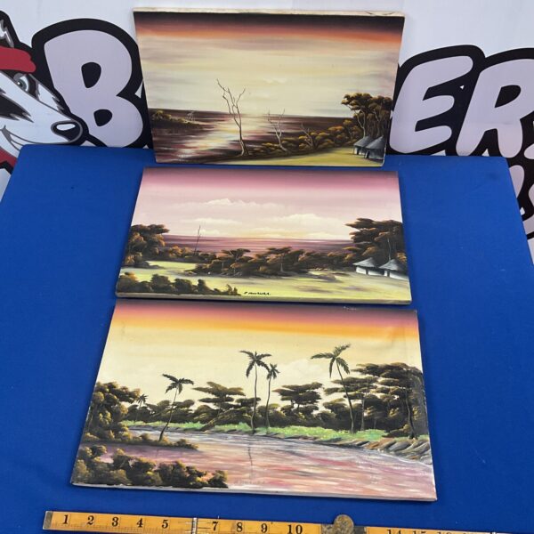 Signed African oil painting of a landscape by P Mwaura.
