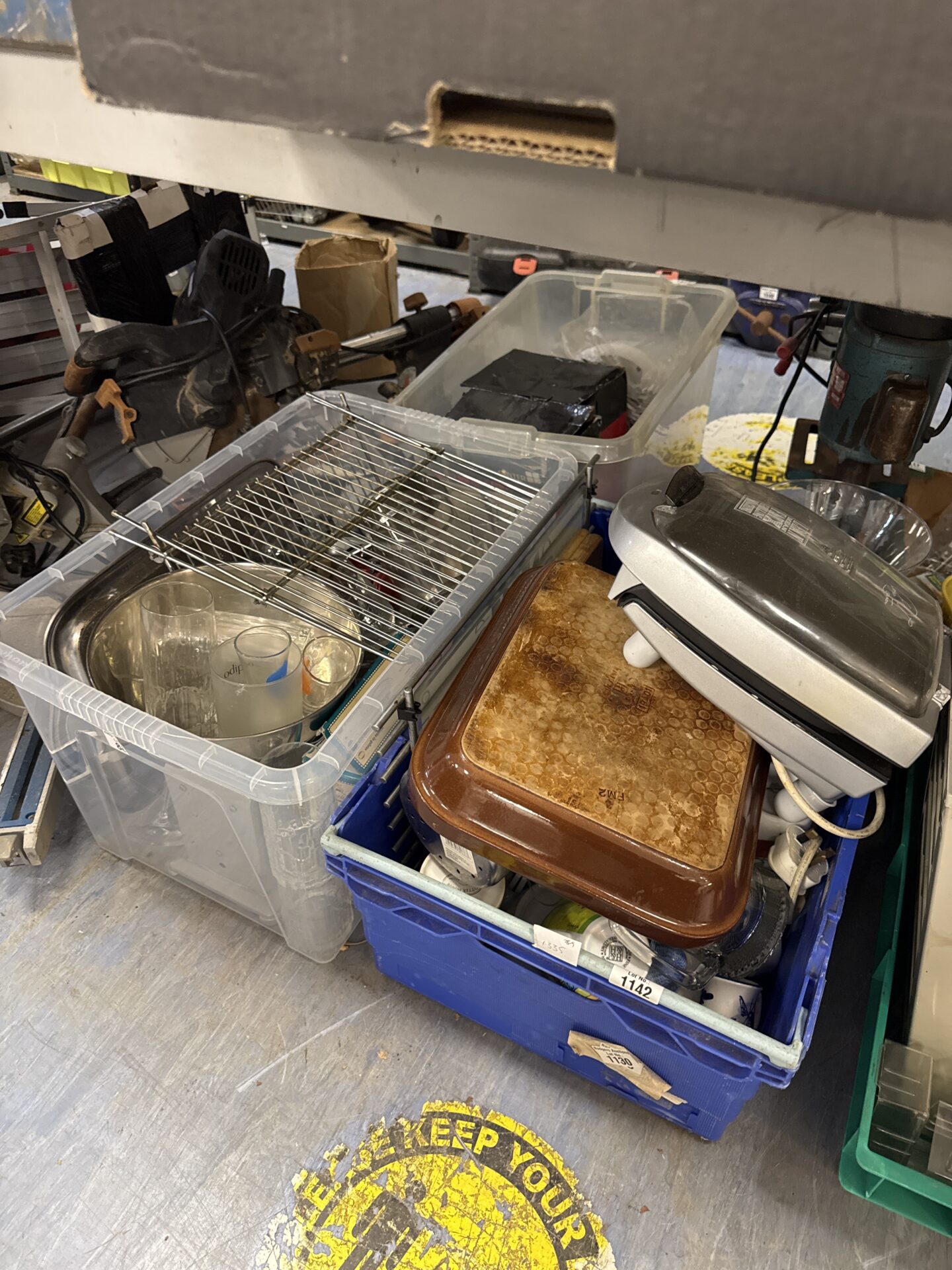1151 Two Crates of house clearance kitchen items inc George Foreman grill