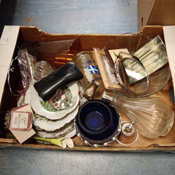 Mixed lot of vintage china and glassware with silver plate.
