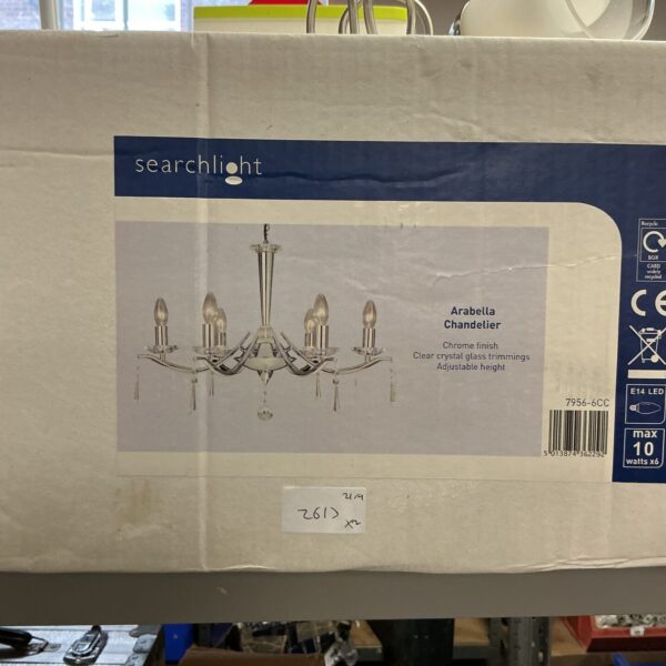 Modern chrome and crystal Searchlight Arabella chandelier for elegant lighting.