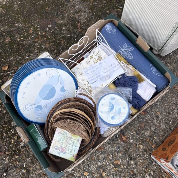Blue and white tableware assortment including runners and coasters.