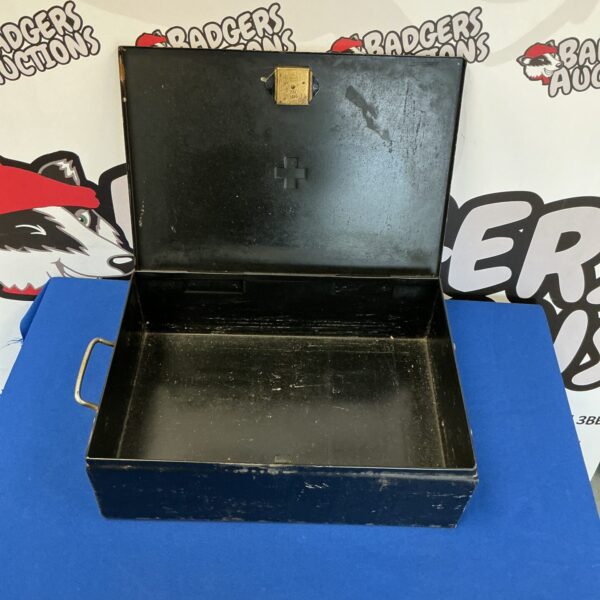 Vintage metal lock box with a secure locking mechanism.