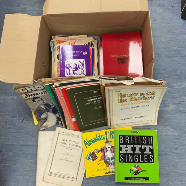 Vintage music book collection with opera guides.