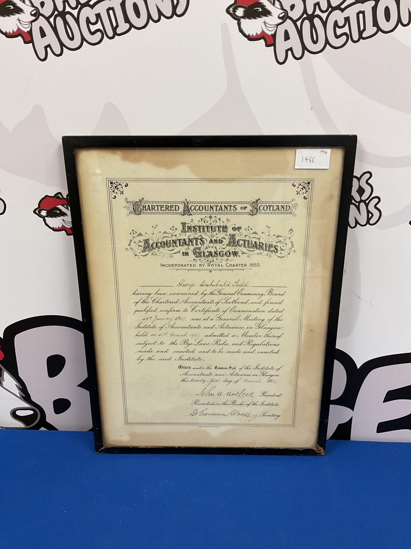 029 1927 chartered accountants of Scotland institute glasgow framed certificate