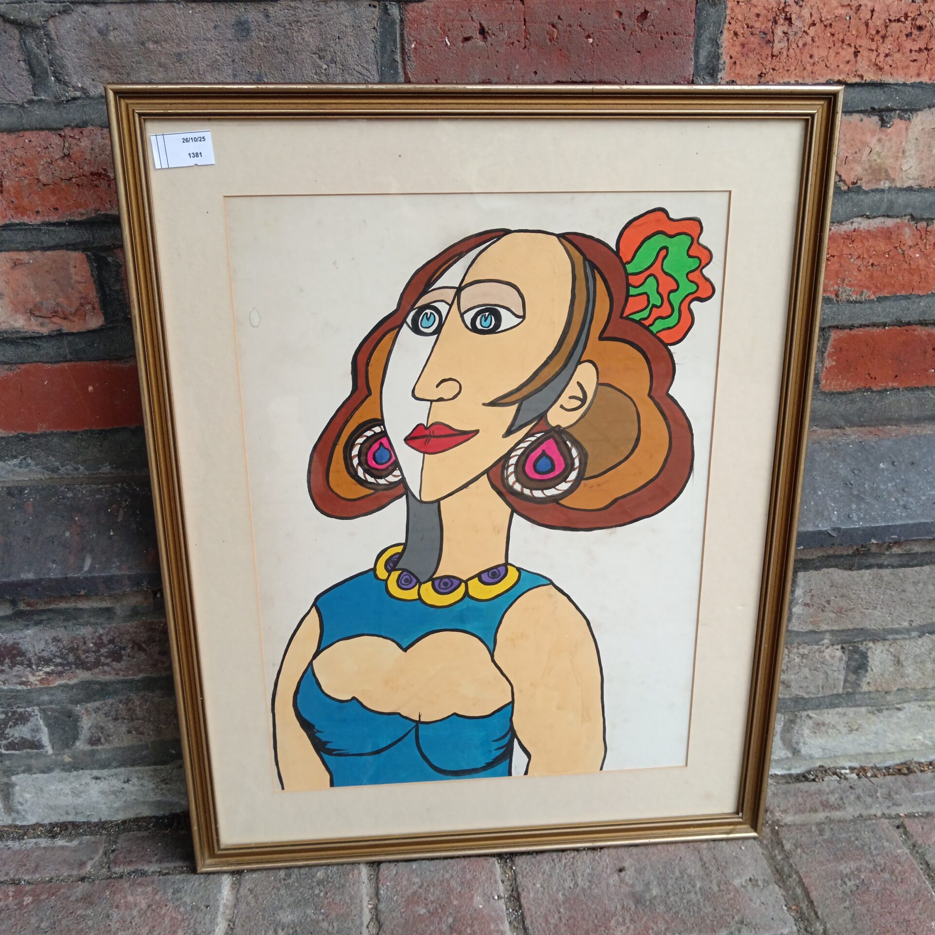 085 framed watercolour portrait of a 1960s chic lady