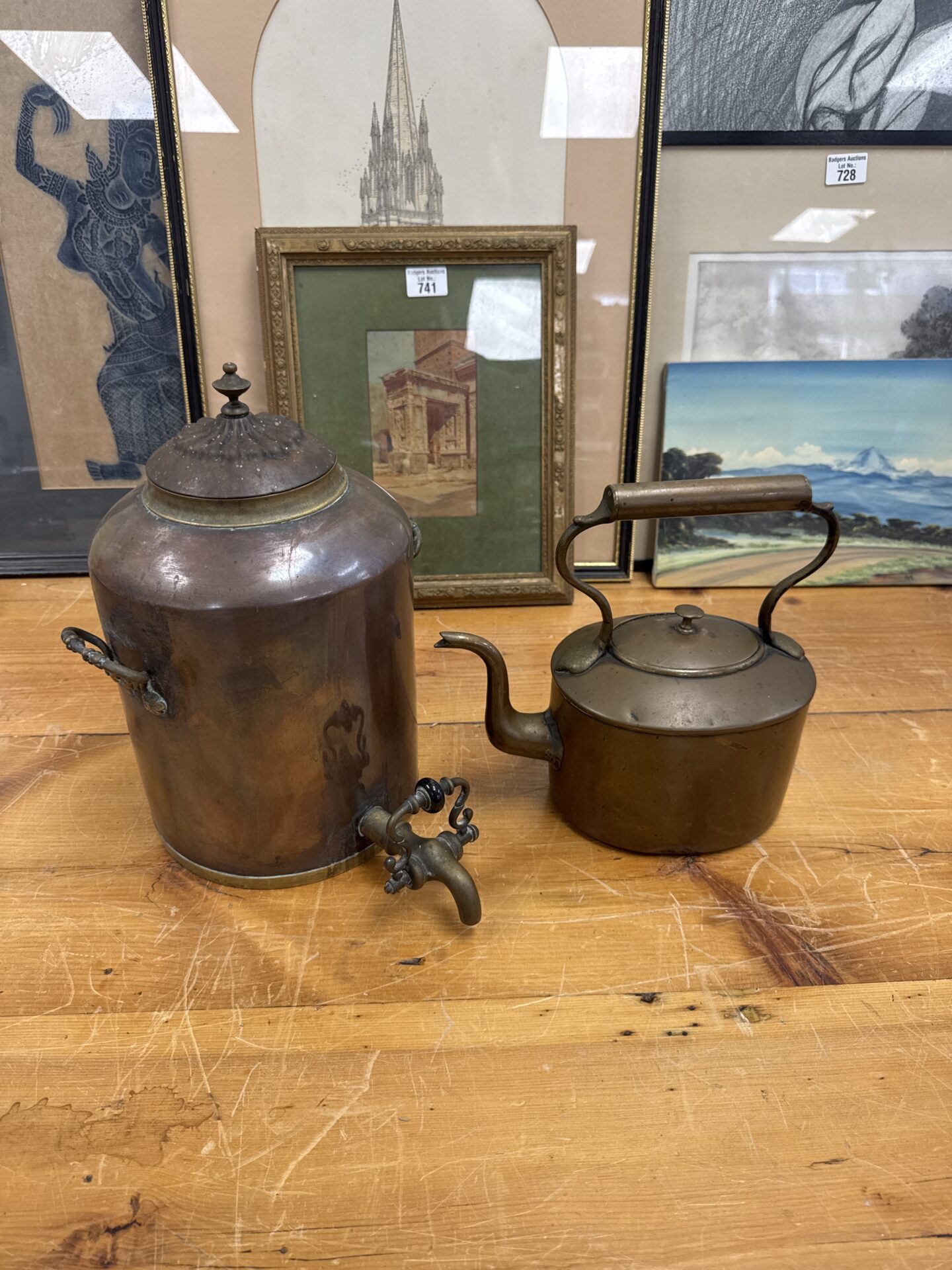 061 Antique copper & brass water cistern with antique copper kettle