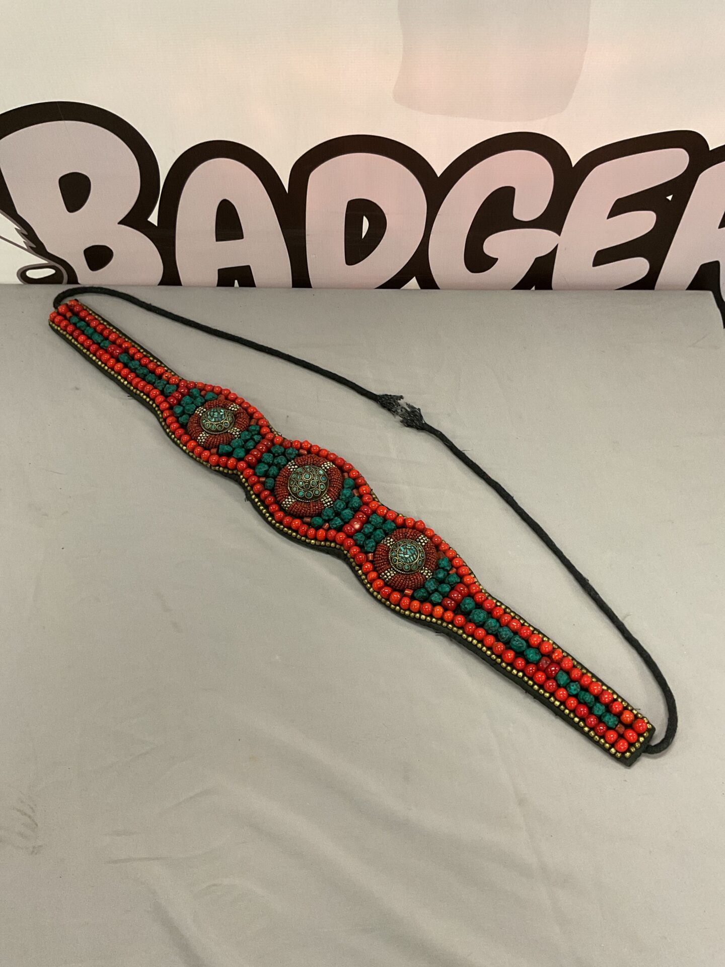 825 Antique coral & fabric belt