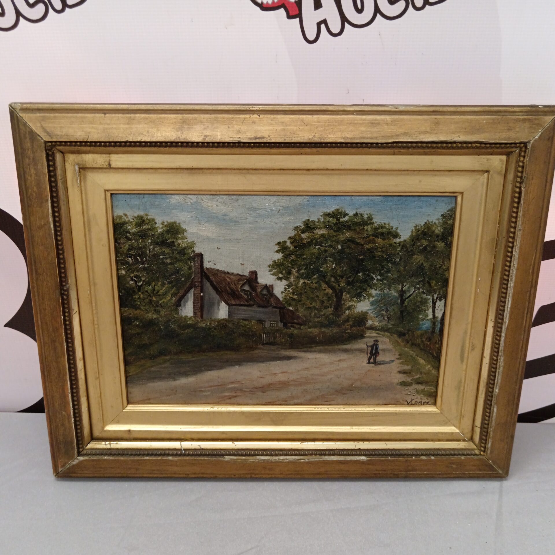 819 V loder signed antique oil painting of country cottage with figure