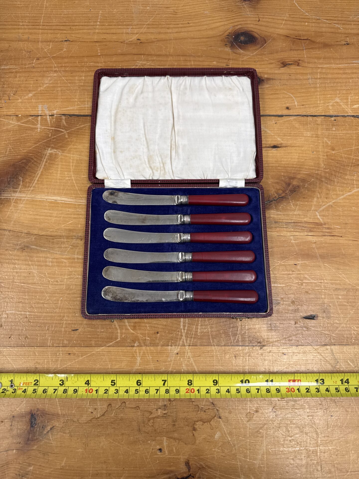 031 Cased set of art deco cake knives with red coral handles