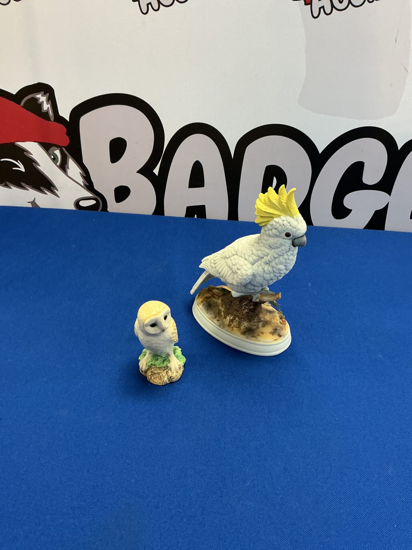 238 Bisque Porcelain Cockatoo signed on base with Owl Figurine