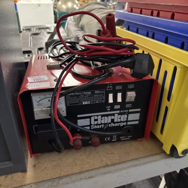 Clarke BC190 car battery charger with red and black leads.