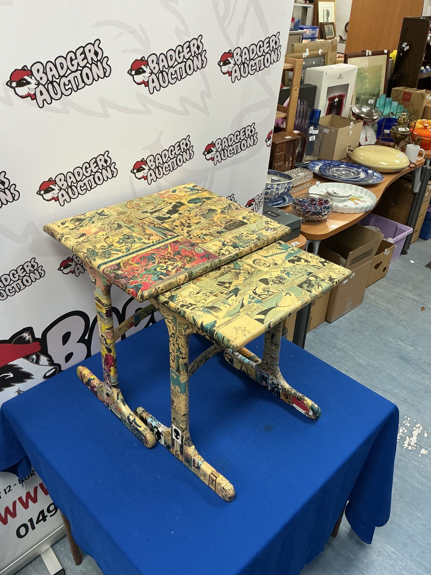 273 Nest of Tables covered with Comic Hero plastic