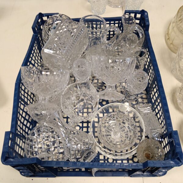 Tray of assorted crystal and cut glass bowls, jugs and candlesticks.