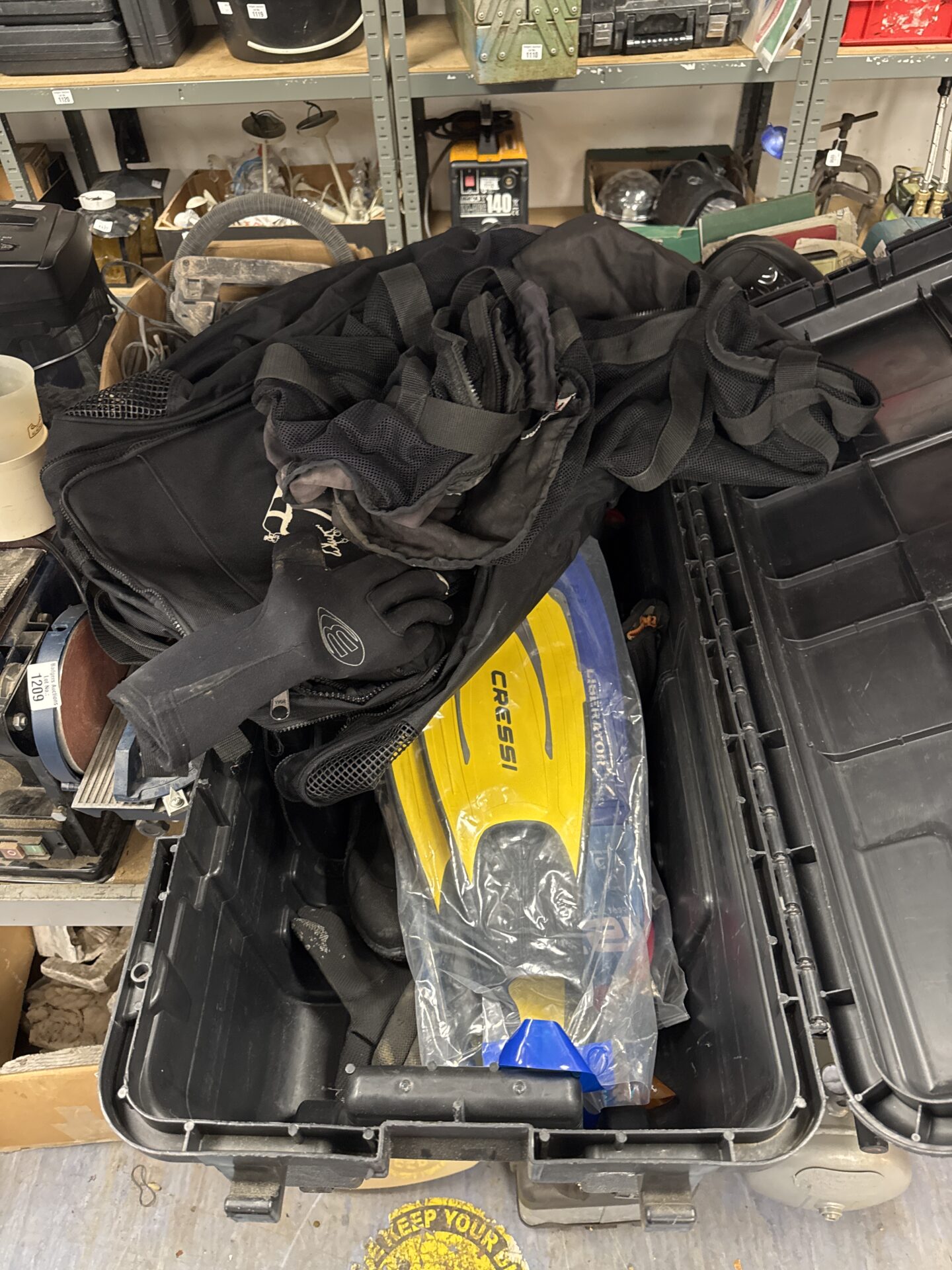 1210 Large box of assorted diving gear in transit case