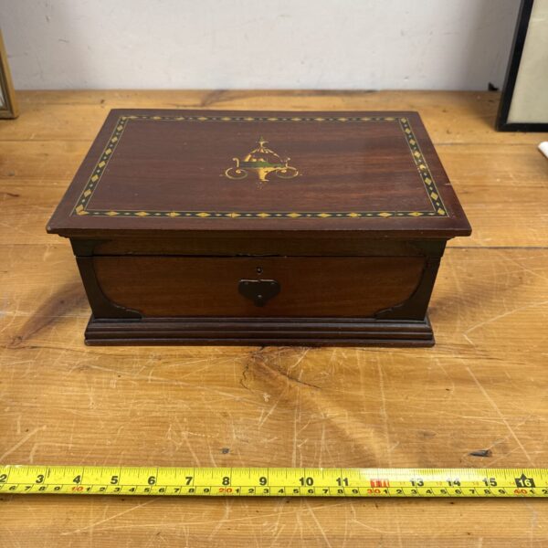 Antique Edwardian vanity case with mirrored lid and inlaid design.