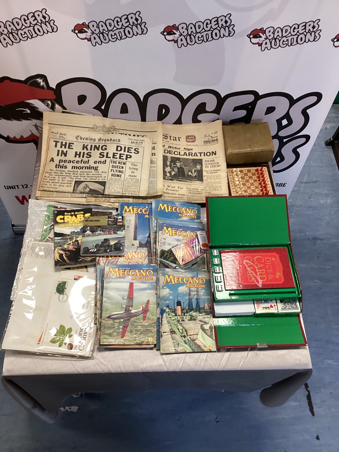 574 box of ephemera inc meccano magazines & newspapers, qe2 maiden voyage letters