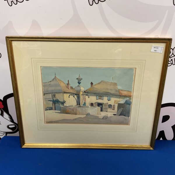Ernest Fedarb watercolour painting of a French village scene, "The Fountain Valley".