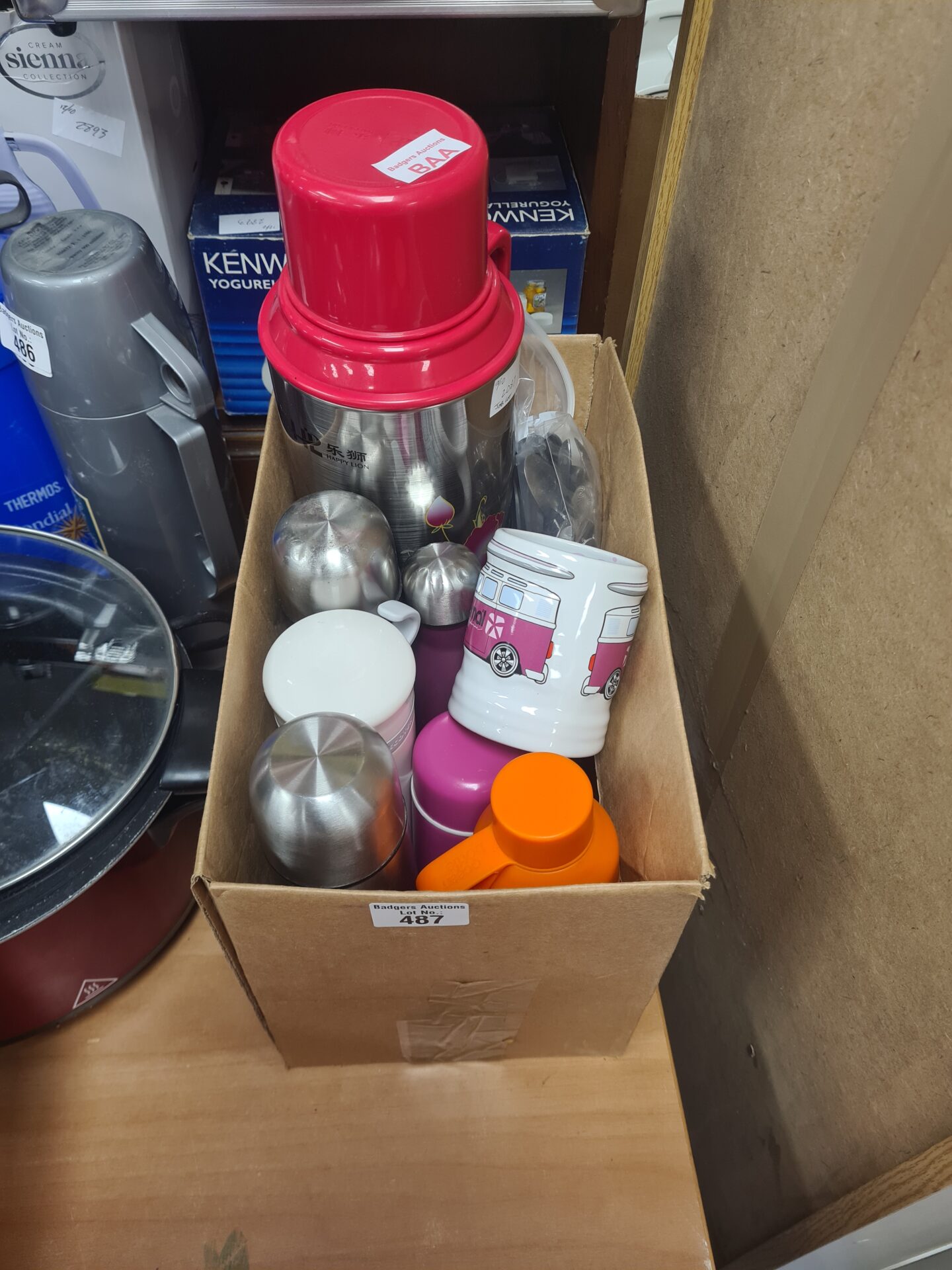 487 Quantity of flasks & water bottles & an animal camper van cup with bag of stainless cutlery inc Viners & others