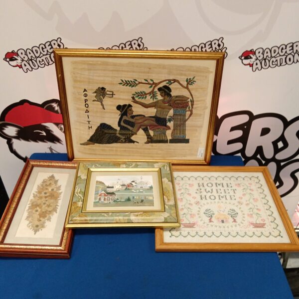 Lot of four framed art prints including Egyptian papyrus painting.
