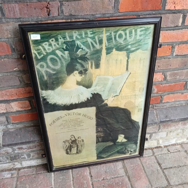 Antique French Romantic library print framed, featuring ornate lettering.