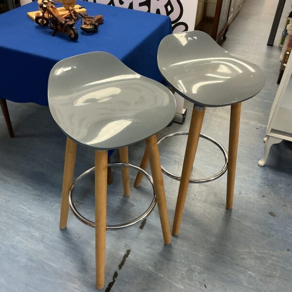 Two grey kitchen stools with wood legs against a blue backdrop.